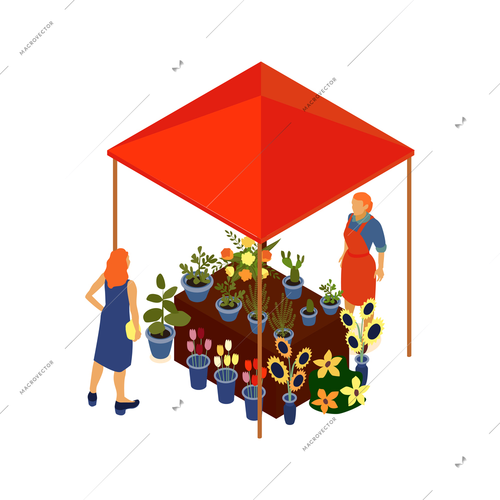 Local market isometric icon with vendor selling flowers and potted plants under tent 3d vector illustration