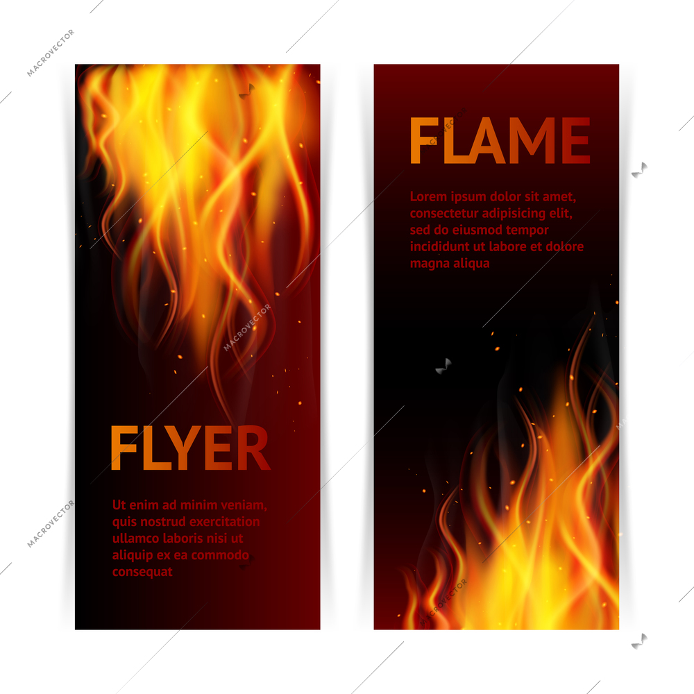 Burning hot flame campfire strokes realistic fire on dark background vertical banners set isolated vector illustration