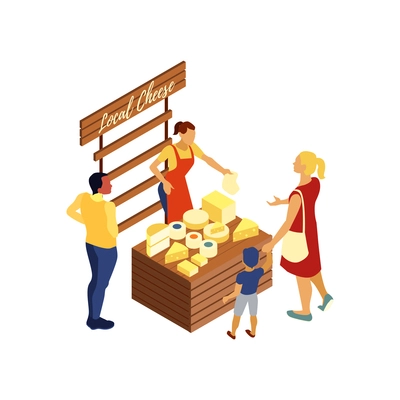 Market stall isometric icon with people buying fresh local cheese 3d vector illustration