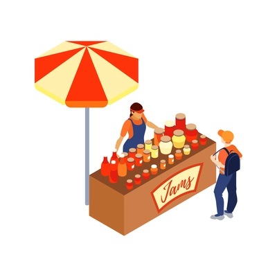 Isometric icon with vendor selling various jams at market stall 3d vector illustration