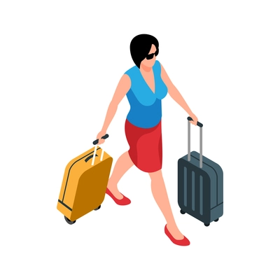 Isometric icon with woman traveler going carrying two suitcases 3d vector illustration