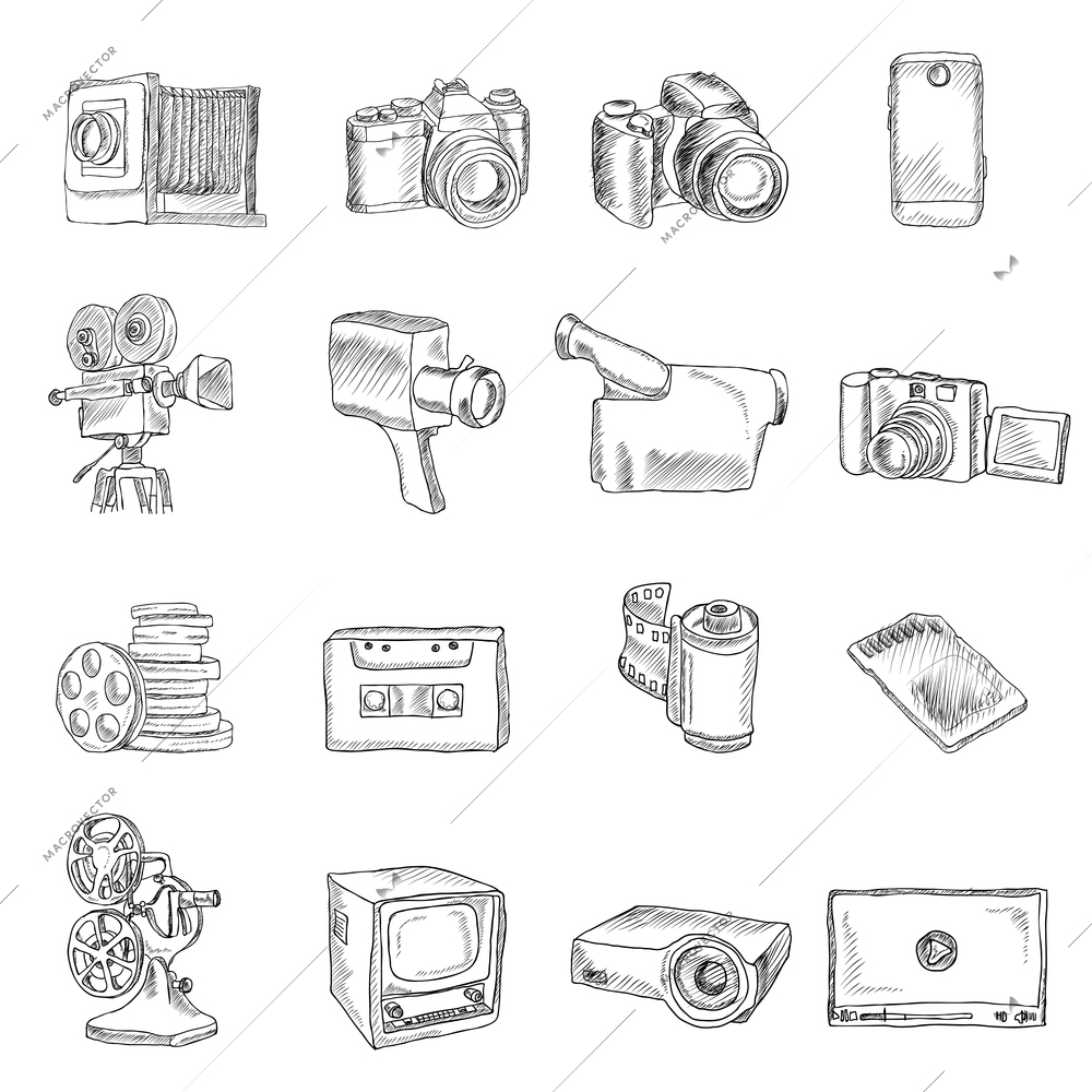 Photo video camera and multimedia professional equipment doodle icons set isolated vector illustration