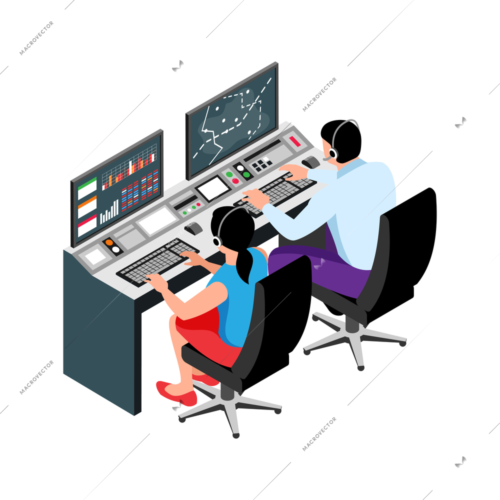 Isometric icon with two air traffic controllers at work 3d vector illustration