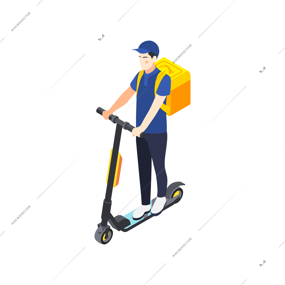 Isometric icon with male character of courier riding scooter 3d vector illustration