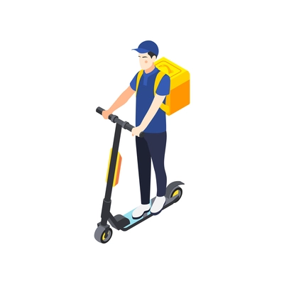 Isometric icon with male character of courier riding scooter 3d vector illustration