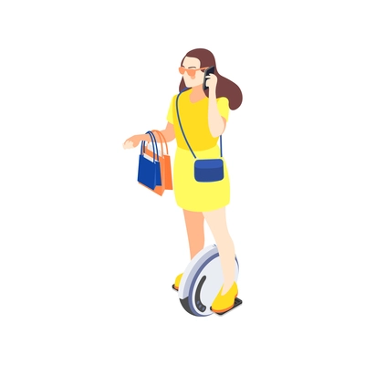 Modern city transport icon with woman riding monowheel and talking on phone isometric vector illustration