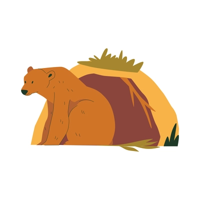 Cute flat bear sitting next to its den vector illustration