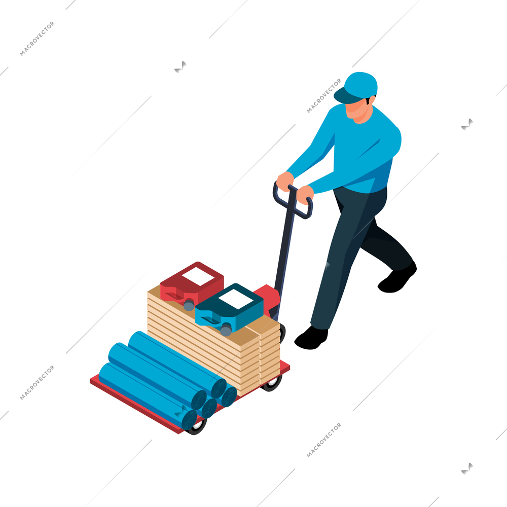 Hardware shop isometric icon with character carrying trolley with constuction materials 3d vector illustration