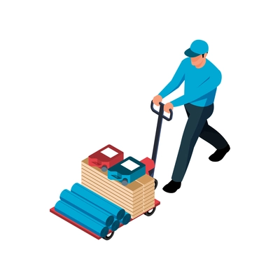 Hardware shop isometric icon with character carrying trolley with constuction materials 3d vector illustration