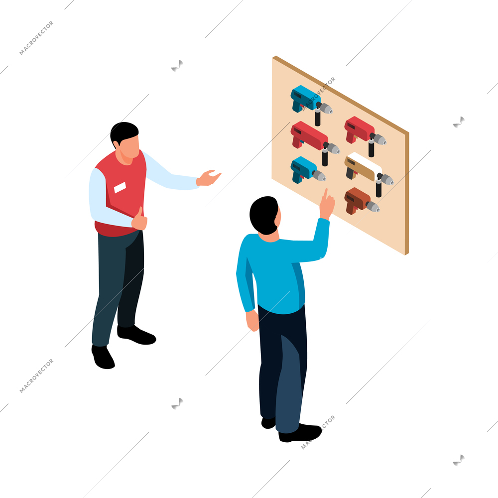 Hardware tools isometric icon with shop assistant and customer choosing drill 3d vector illustration