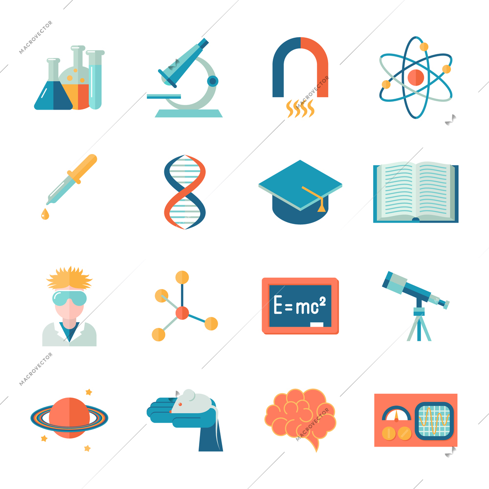 Science and research icon flat set with microscope tube atom isolated vector illustration