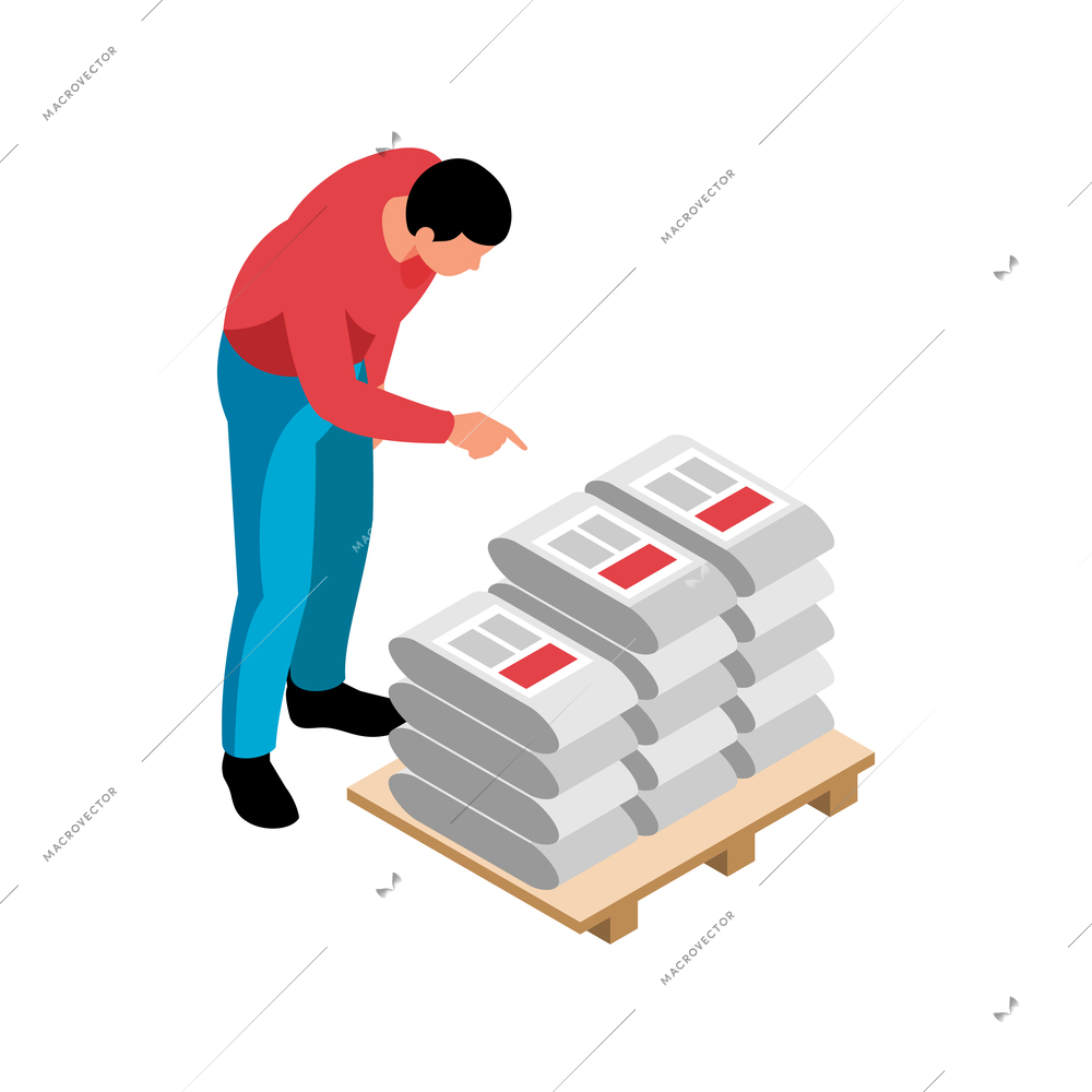 Isometric hardware tools shop icon with character buying cement 3d vector illustration