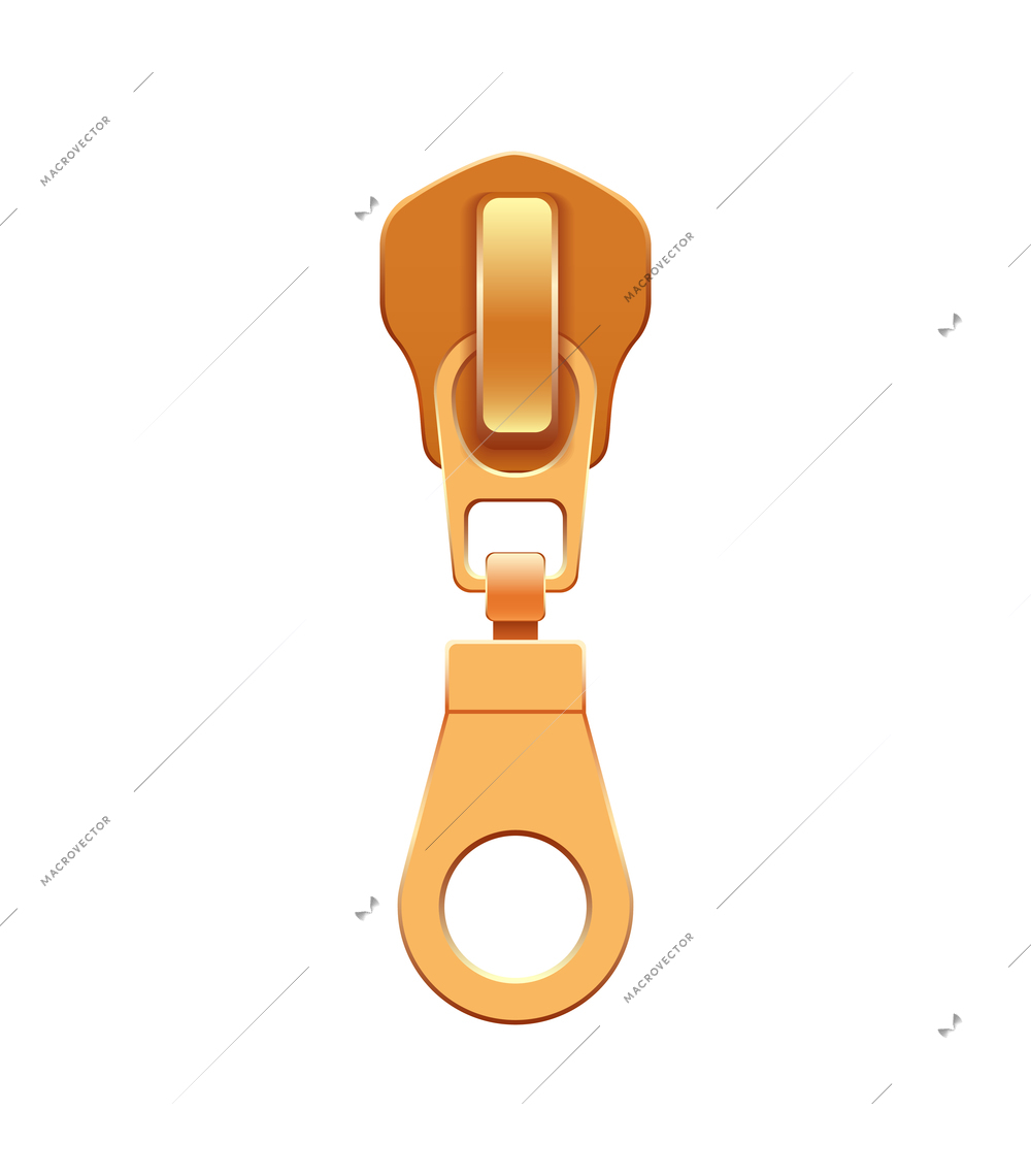 Zipper puller in metallic golden material realistic vector illustration