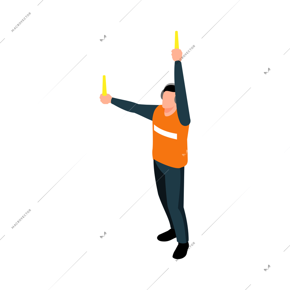 Isometric icon with airport marshaller in uniform at work 3d vector illustration