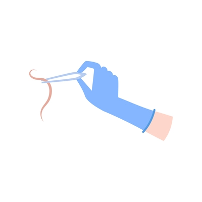 Human hand in glove holding tweezers with helminth flat icon vector illustration