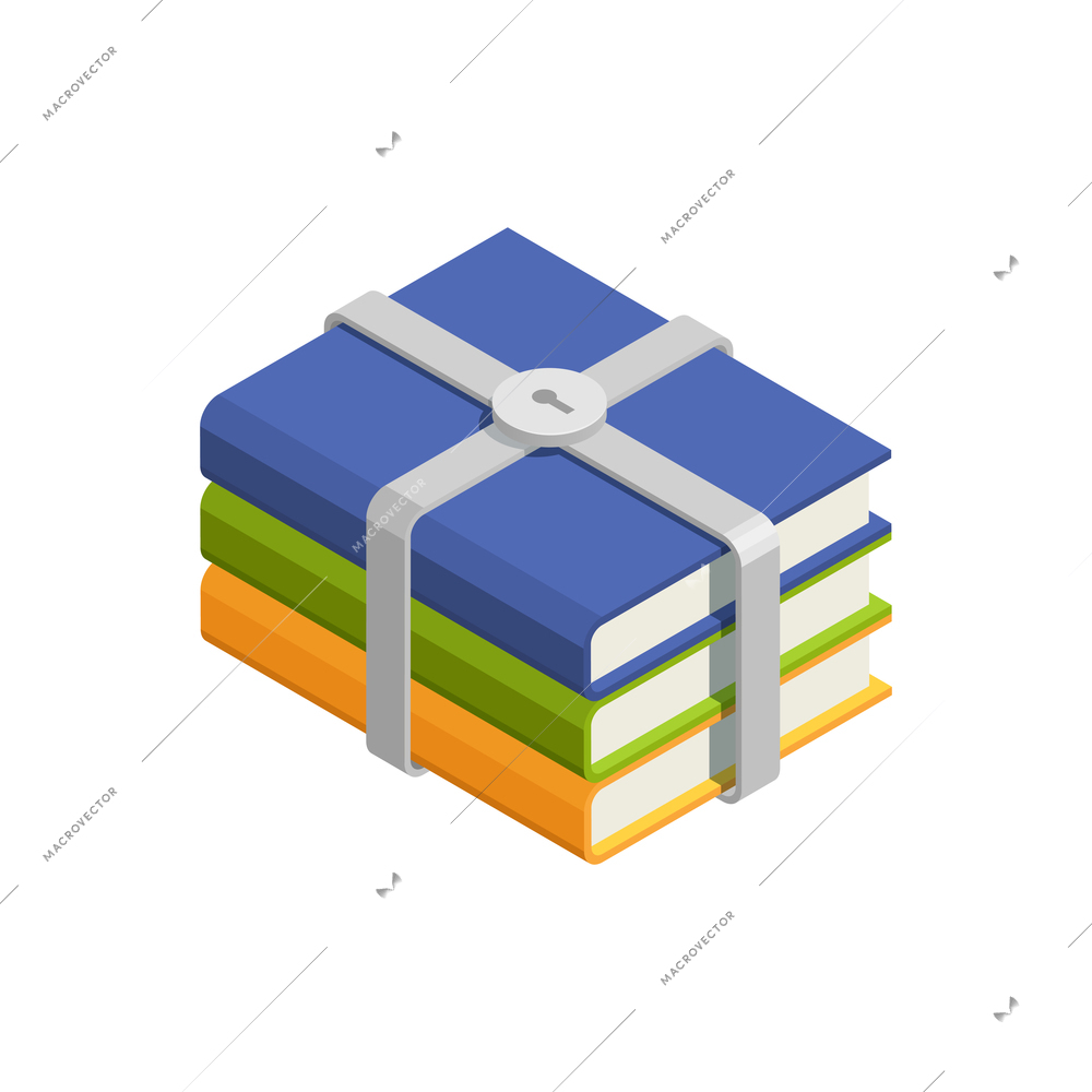 Data protection isometric concept icon with stack of books under lock 3d vector illustration