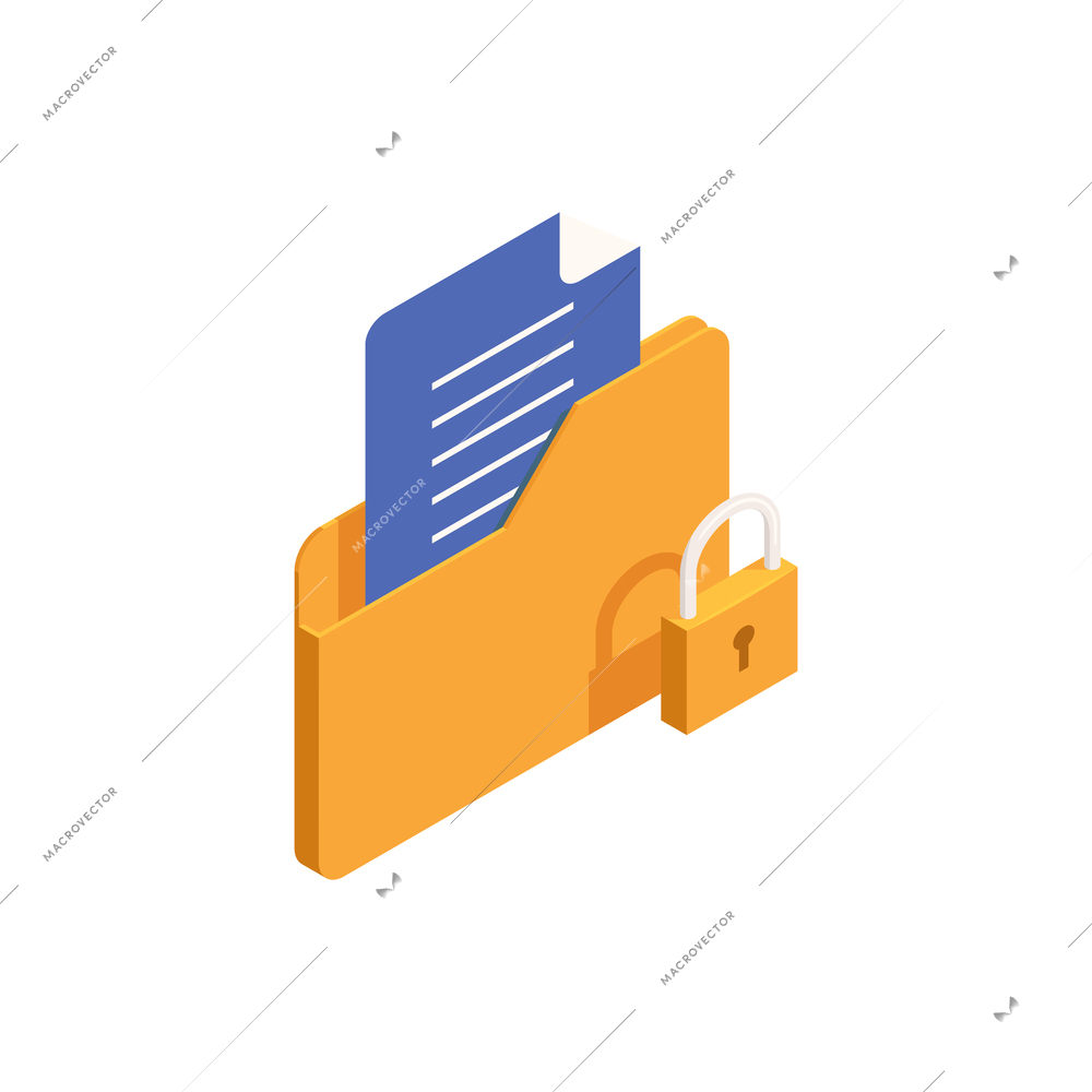 Privacy data protection isometric icon with colorful images of folder and lock 3d vector illustration