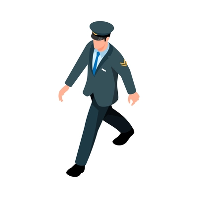 Isometric icon with walking male character of pilot 3d vector illustration