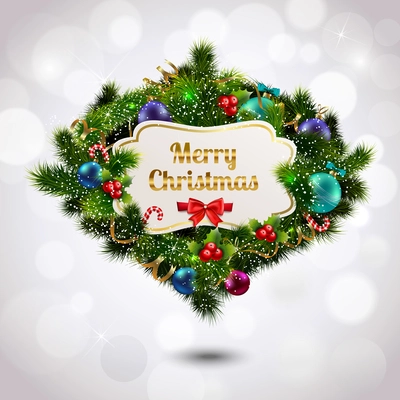 Merry christmas greeting postcard with green wreath vector illustration