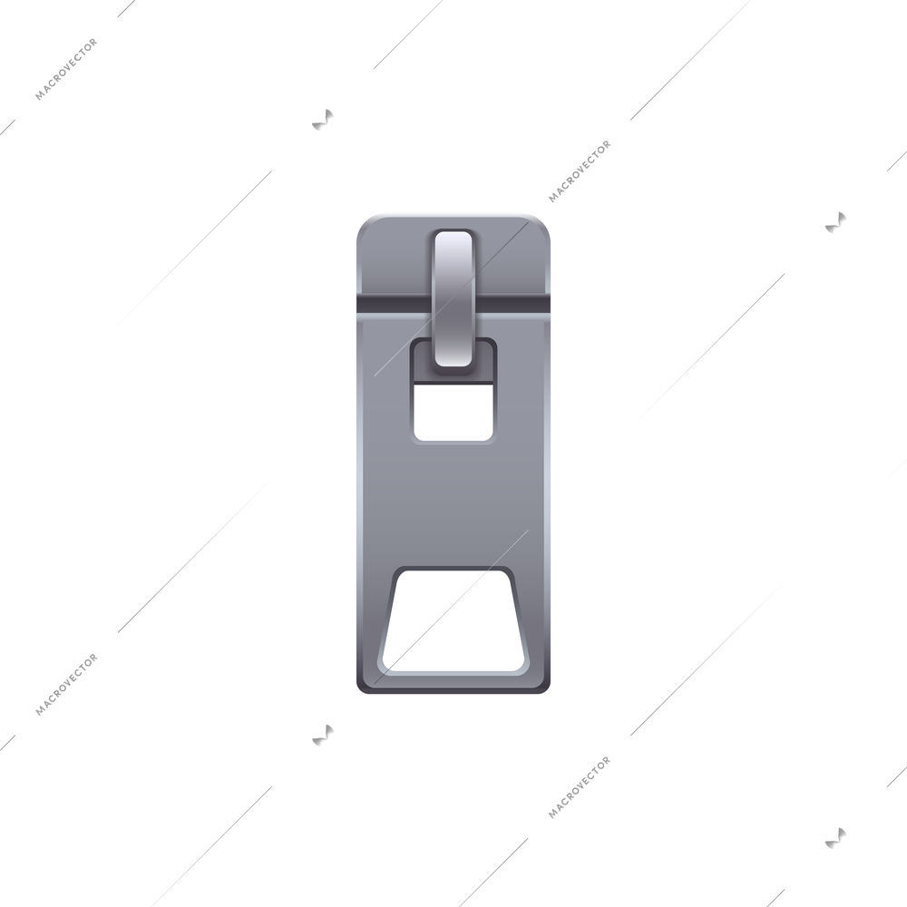 Silver metal zipper slider of rectangular shape realistic vector illustration