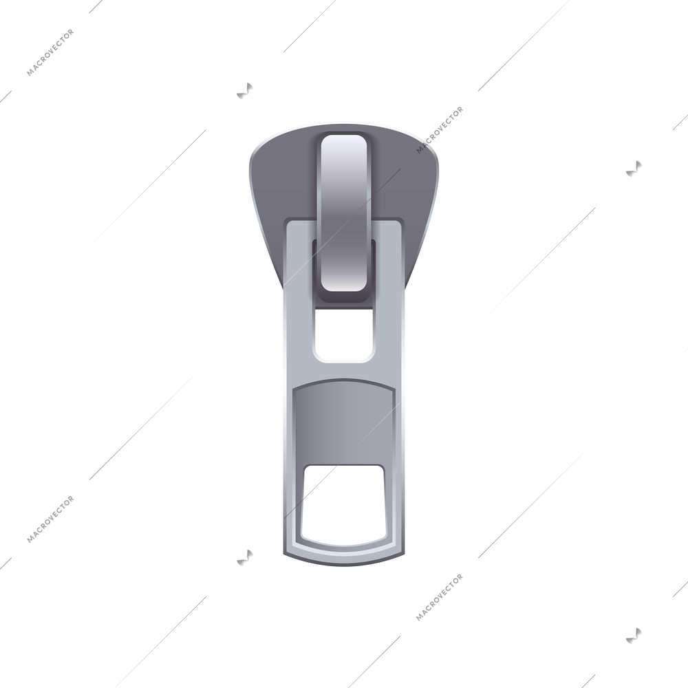 Silver slider of metal zipper fastener on white background realistic vector illustration
