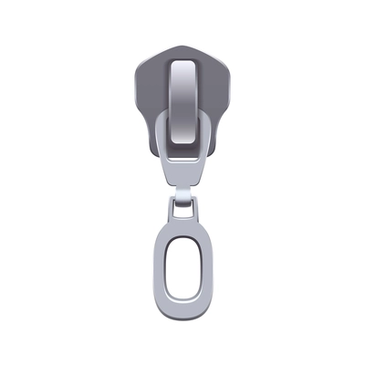 Silver metal zip slider on white background realistic vector illustration