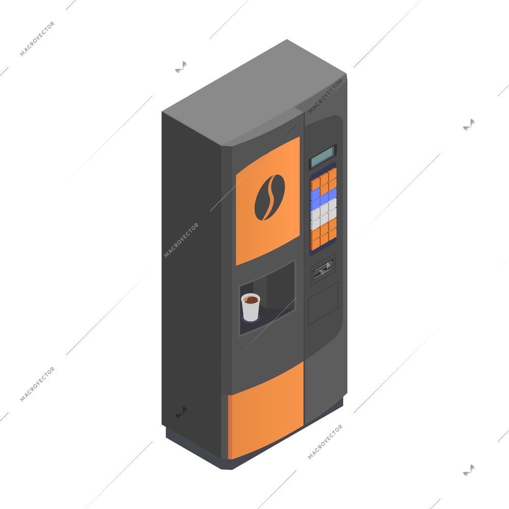 Isometric coffee vending machine with plastic cup 3d vector illustration