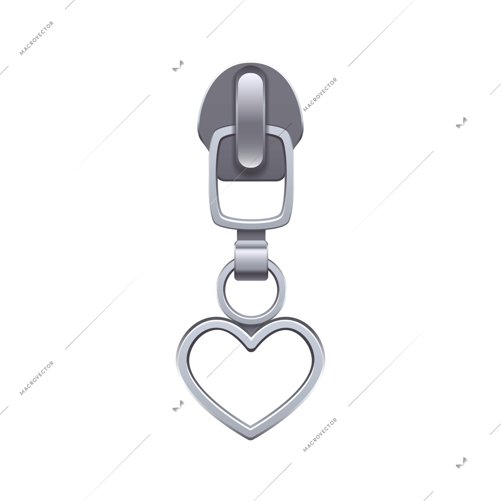 Metal silver zipper puller in shape of heart realistic vector illustration