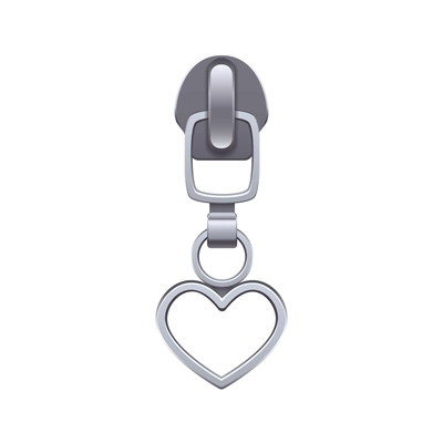 Metal silver zipper puller in shape of heart realistic vector illustration