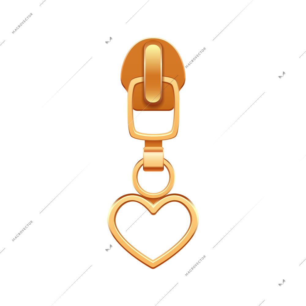 Heart shaped golden metal zip puller realistic vector illustration