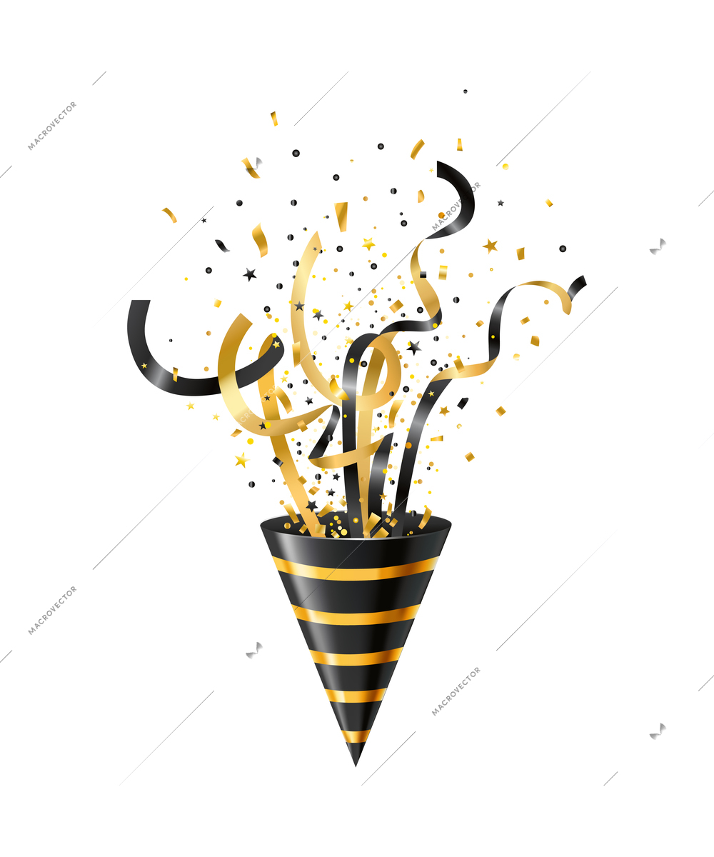 Exploding with streamers and confetti party popper in black and golden color realistic vector illustration