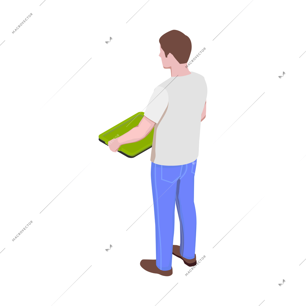 Food court isometric icon with man holding empty tray back view vector illustration