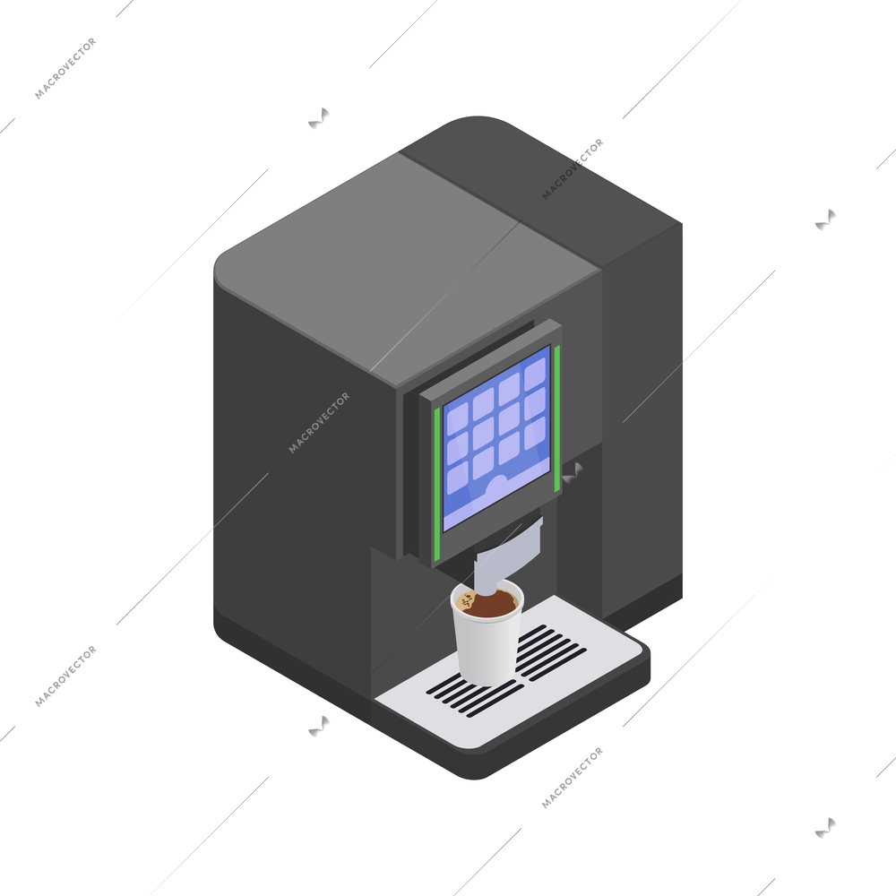 Isometric coffee machine with cup of drink 3d vector illustration