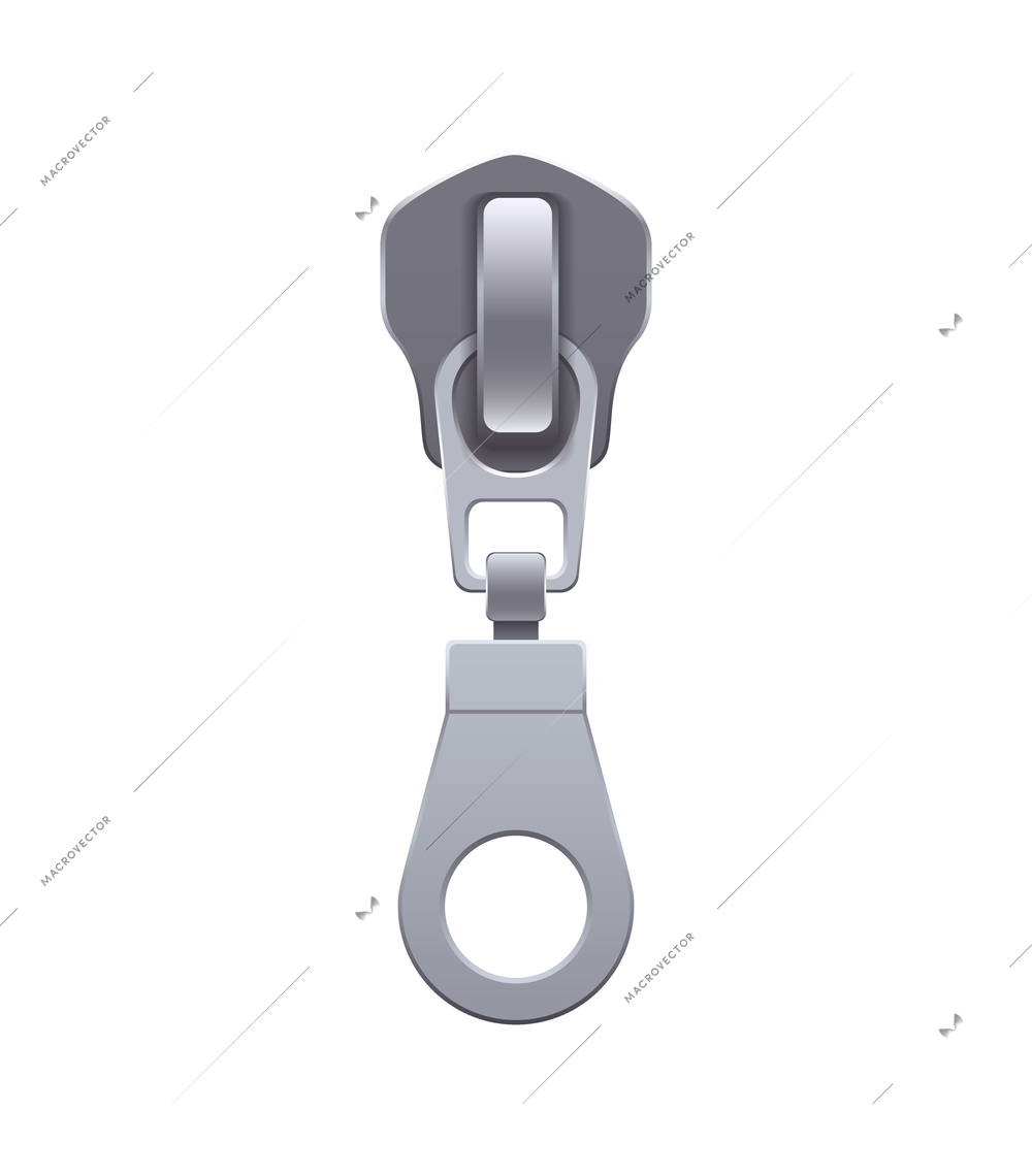 Realistic silver zipper fastener slider on white background vector illustration