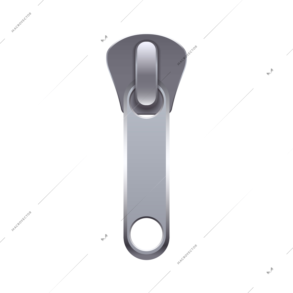 Silver metal puller of zip fastener realistic vector illustration