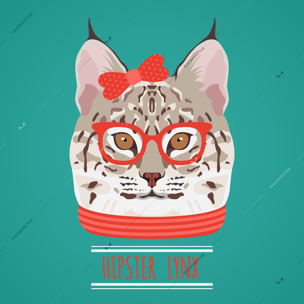 Animal lynx with glasses and bow hipster portrait vector illustration