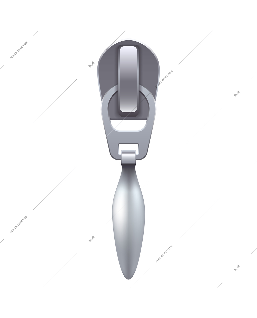 Realistic metal zipper slider in silver color on white background vector illustration