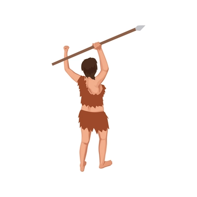 Isometric character of caveman hunter holding spear back view vector illustration