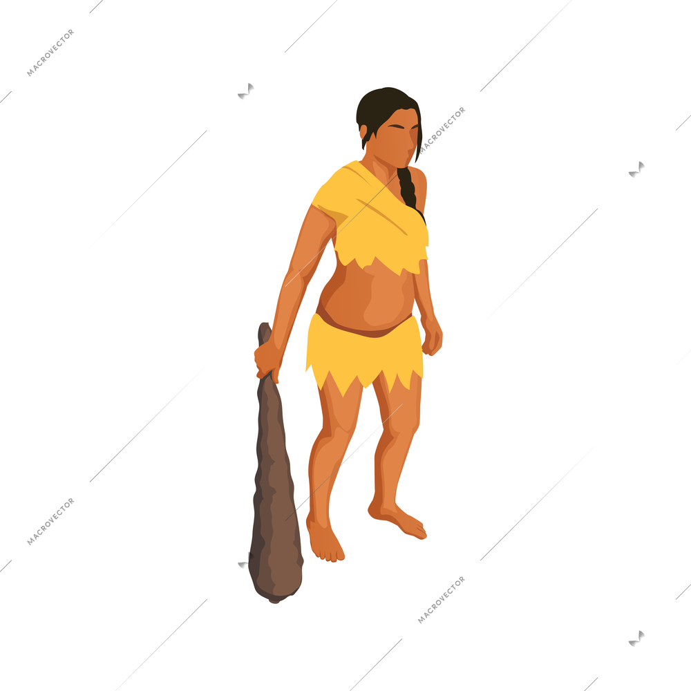 Prehistoric primitive woman armed with cudgel isometric vector illustration