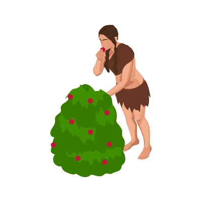 Isometric icon with primitive woman eating red berries from bush 3d vector illustration