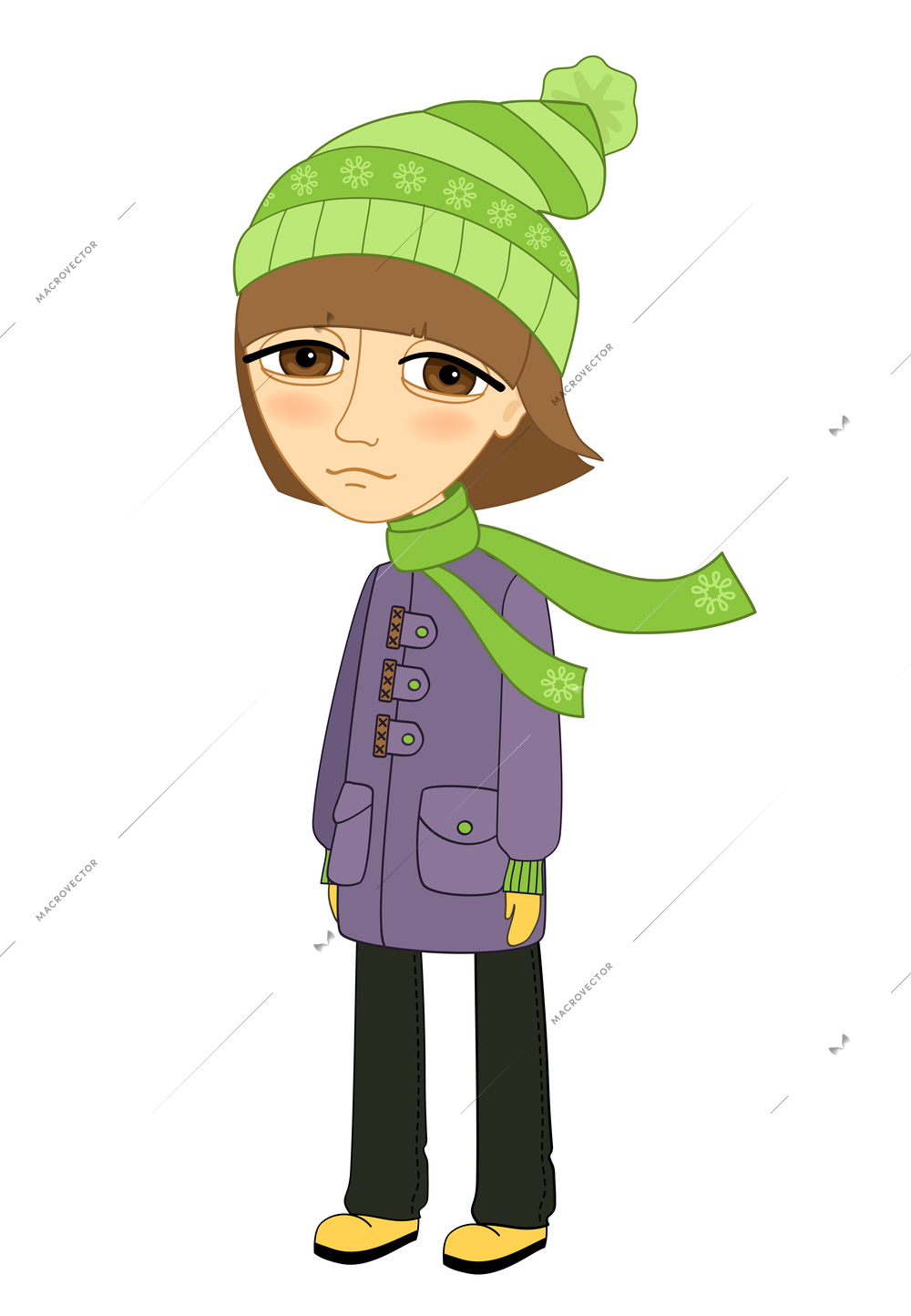 Sad girl standing alone and not smiling template isolated vector illustration