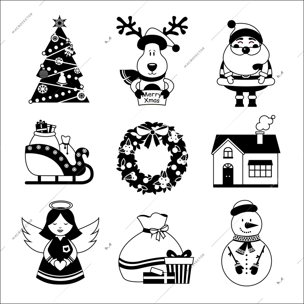 Chrismas new year decorative icons black and white with gift box deer snowman isolated vector illustration