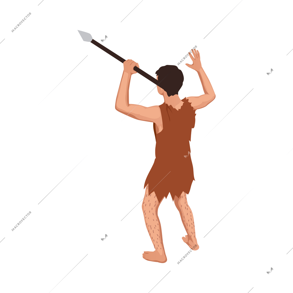 Prehistoric primitive person holding spear isometric icon 3d vector illustration