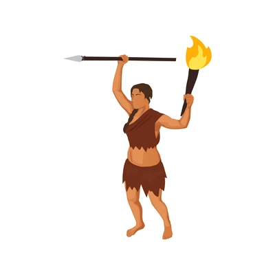Female character of primitive woman holding torch and spear 3d isometric vector illustration