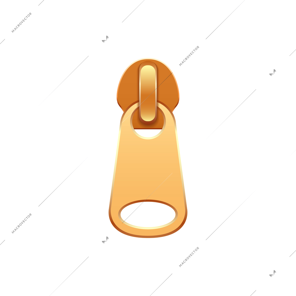 Metal zipper puller in golden color on white background realistic vector illustration