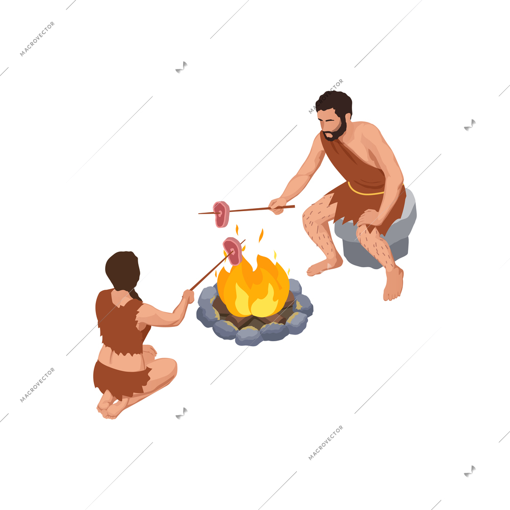 Couple of primitive people cooking meat on bonfire 3d isometric vector illustration