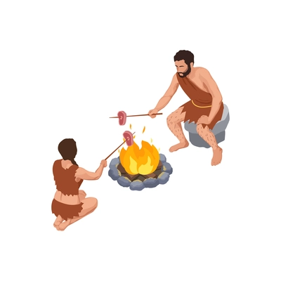 Couple of primitive people cooking meat on bonfire 3d isometric vector illustration