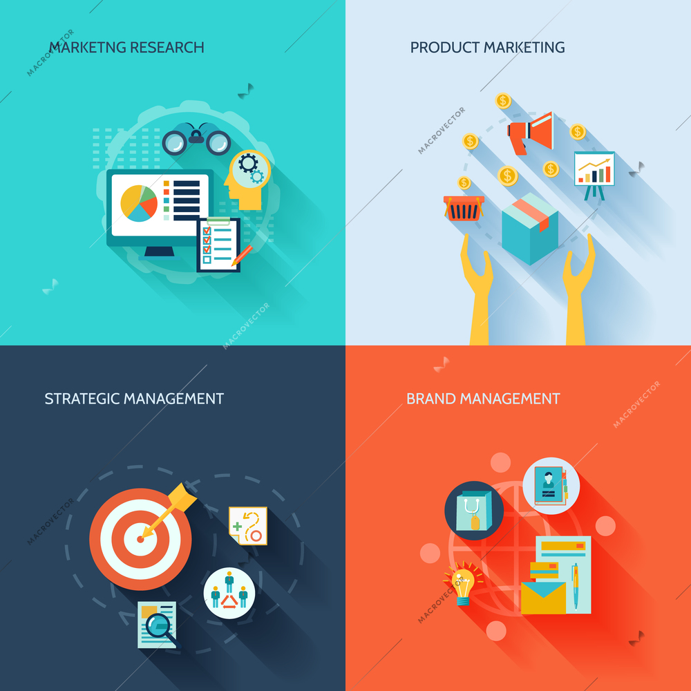 Marketer flat icons set with marketing research product strategic brand management isolated vector illustration