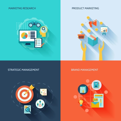 Marketer flat icons set with marketing research product strategic brand management isolated vector illustration