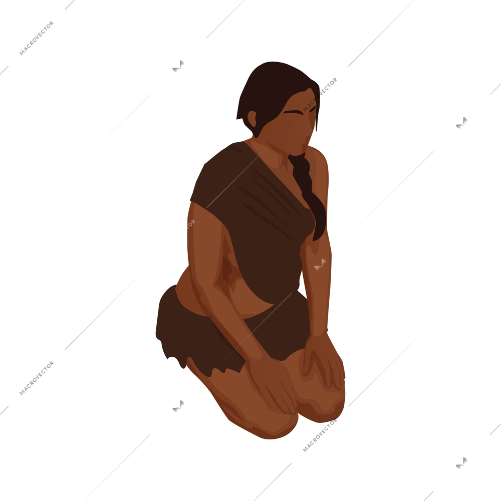 Isometric character of dark skinned primitive woman sitting on her knees 3d vector illustration